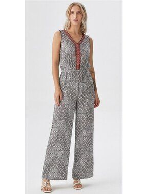 Gibson Latimer Black & White Embroidered V-Neck Vintage Boho Wide Leg Jumpsuit